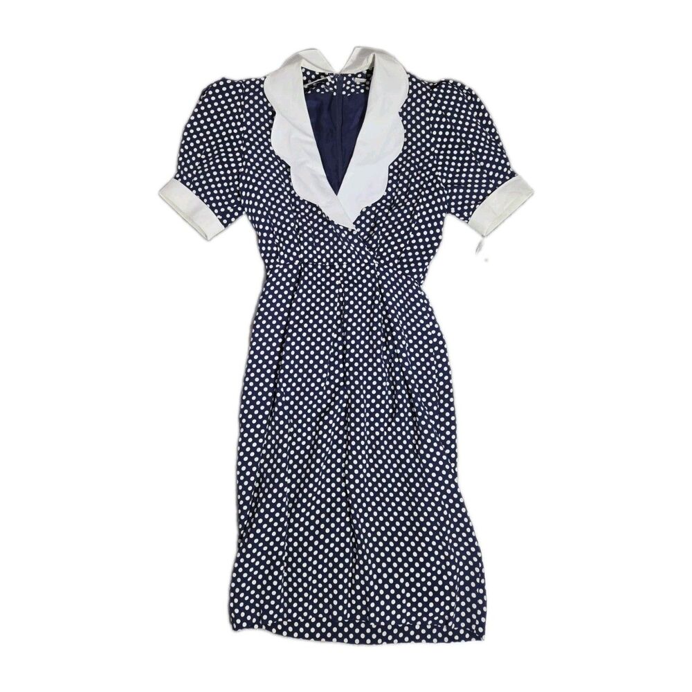 NWT VTG Albert Nipon Polka Dot Dress Navy White Linen Collar Puff Sleeve Sz 6